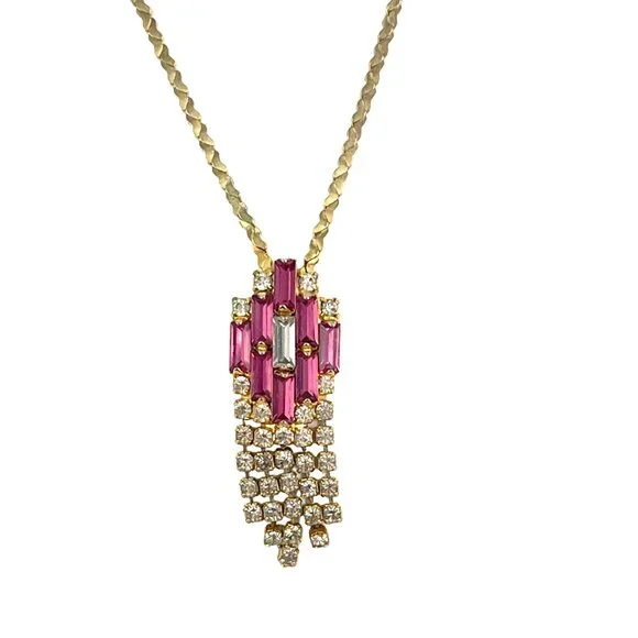 Hobe Signed 16 Choker Necklace Gold Tone Pink Retro Rhinestone Pendant